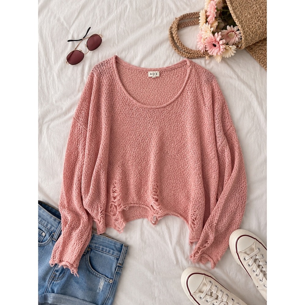 POL Women Pink Open Knit Distressed Oversized Sweater TSS281 Large
